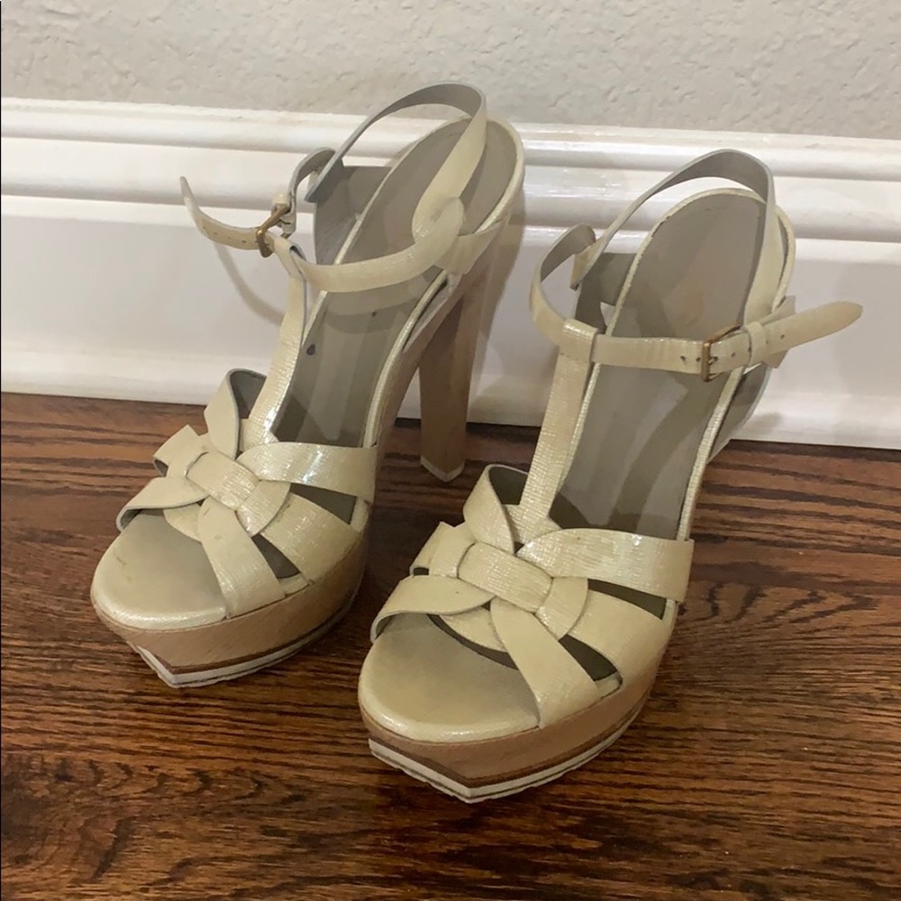 YSL Tribute Sandals 39 & 39.5 Cream & Wood